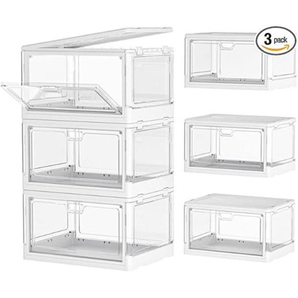 Clear Storage Bin with Lid 3 Pack 【Stackable & Sturdy】Plastic Bins for Storage